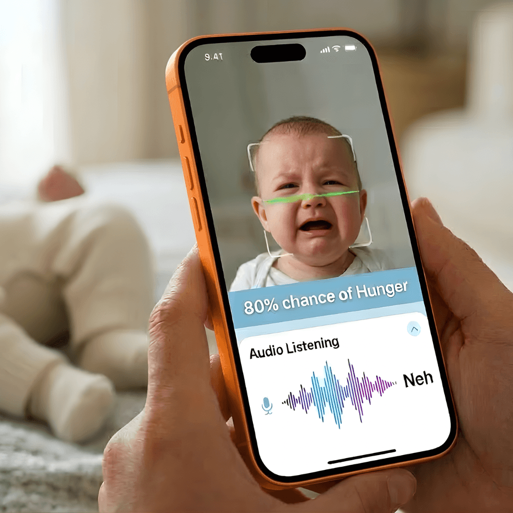 Cry Baby app showing 80% chance of Hunger with facial recognition and audio listening features